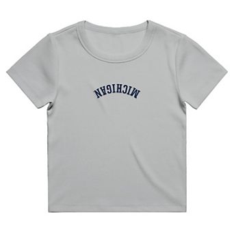 Women's Uscape Apparel Gray Michigan Wolverines Upside Down Embroidery Ribbed Cropped T-Shirt