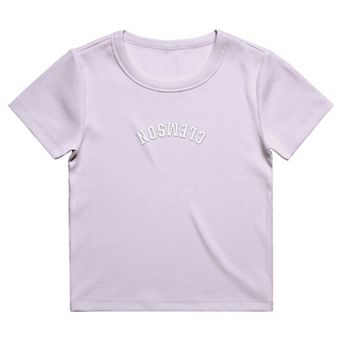 Women's Uscape Apparel Purple Clemson Tigers Upside Down Embroidery Ribbed Cropped T-Shirt