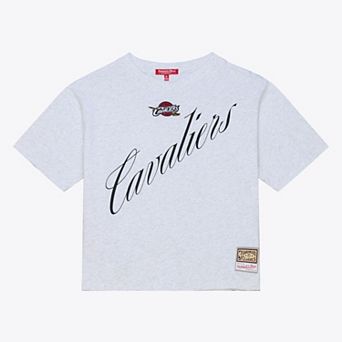 Women's Mitchell & Ness Heather Gray Cleveland Cavaliers Script Crop Boxy T-Shirt