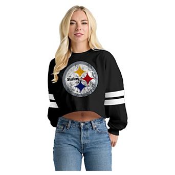 Women's Spirit Jersey Black Pittsburgh Steelers Oversized Cropped Stripe Long Sleeve T-Shirt