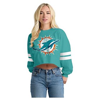 Women's Spirit Jersey Aqua Miami Dolphins Oversized Cropped Stripe Long Sleeve T-Shirt