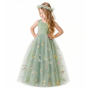 2Bunnies Girls' 3T-10Y Enchanted Garden Embroidered Tulle Maxi Dress with Bow Back