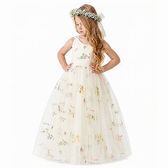 2Bunnies Girls' 3T-10Y Enchanted Garden Embroidered Tulle Maxi Dress with Bow Back
