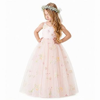 2Bunnies Girls' 3T-10Y Enchanted Garden Embroidered Tulle Maxi Dress with Bow Back