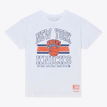 Women's Mitchell & Ness White New York Knicks Striped Logo Boxy T-Shirt