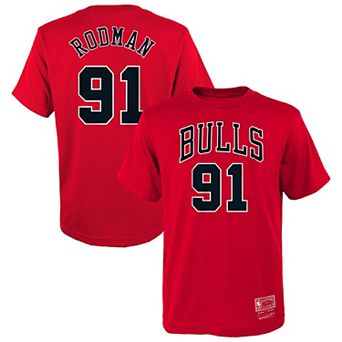 Youth Mitchell & Ness Dennis Rodman Red Chicago Bulls Hardwood Classics Name & Number T-Shirt