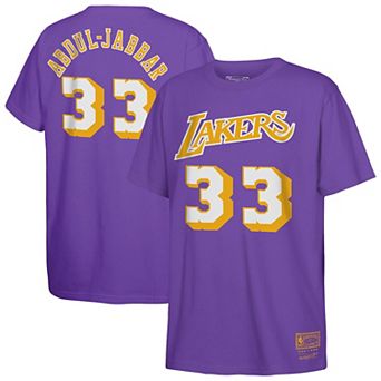 Youth Mitchell & Ness Kareem Abdul-Jabbar Purple Los Angeles Lakers Hardwood Classics Name & Number T-Shirt