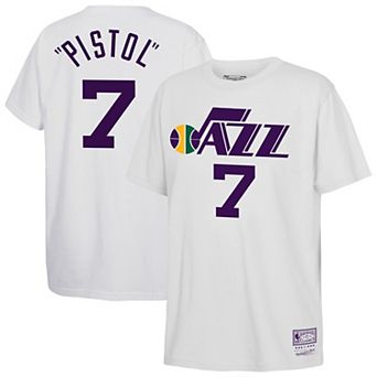 Youth Mitchell & Ness Pete Maravich White Utah Jazz Hardwood Classics Name & Number T-Shirt