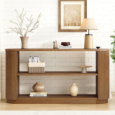 Pnronnc 58.9" Console Table Curved Edge Entryway Table with Open Shelf Fluted