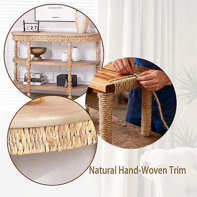 Pnronnc 49" Handcrafted Oval Console Table with Woven Trim and 3-Tier Storage Table