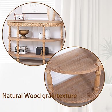 Pnronnc 49" Handcrafted Oval Console Table with Woven Trim and 3-Tier Storage Table