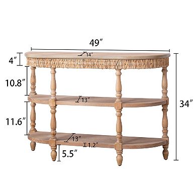 Pnronnc 49" Handcrafted Oval Console Table with Woven Trim and 3-Tier Storage Table