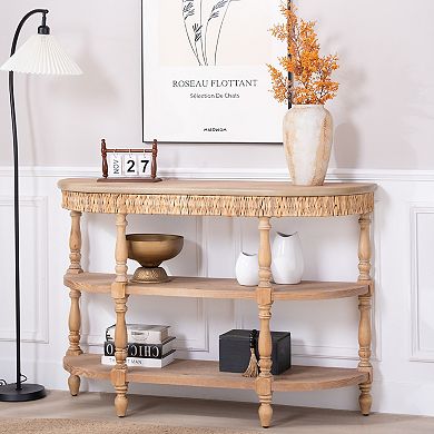 Pnronnc 49" Handcrafted Oval Console Table with Woven Trim and 3-Tier Storage Table