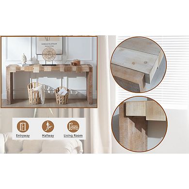 Pnronnc 71" Wood Modern Console Table Narrow Entryway Table with Sculpted Block Design