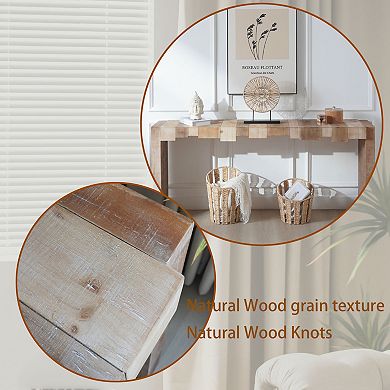 Pnronnc 71" Wood Modern Console Table Narrow Entryway Table with Sculpted Block Design