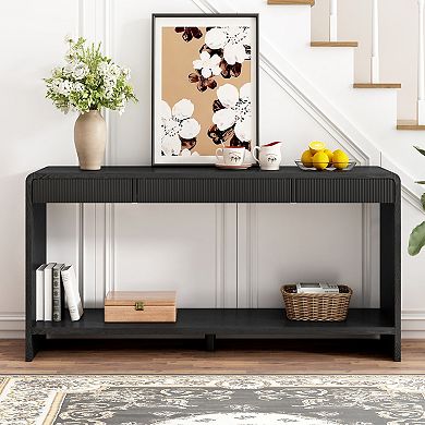 Pnronnc 59" Modern Console Table Wood Entryway Table with 3 Drawers Vertical Slat
