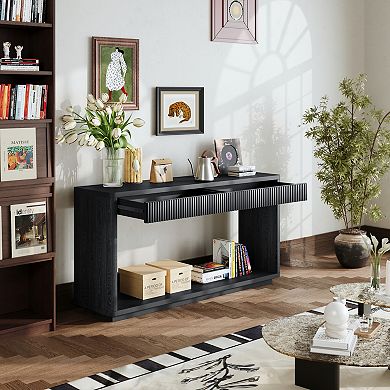 Pnronnc 60 Inch Modern Fluted Console Table Wood Veneer Entryway Table with 2 Drawer