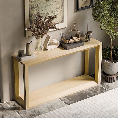 Pnronnc 60 Inch Solid Wood Veneer Console Table Wide Entryway Table with Open Storage
