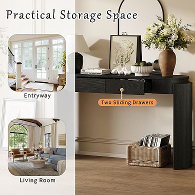 Pnronnc Fluted Console Table with 2 Drawers Oval Top Wood Grain Entryway Table