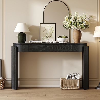 Pnronnc Fluted Console Table with 2 Drawers Oval Top Wood Grain Entryway Table