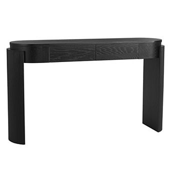 Pnronnc Fluted Console Table with 2 Drawers Oval Top Wood Grain Entryway Table