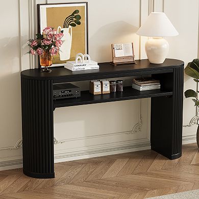 Pnronnc Oval Console Table with Fluted Legs, Solid Wood Entryway Table with Open Shelf