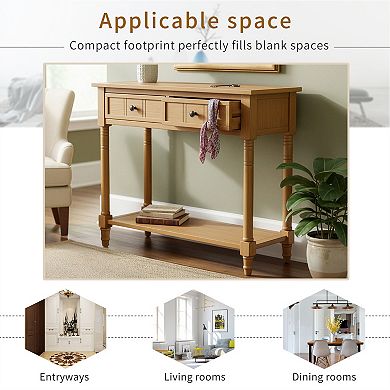 Pnronnc Console Table with 2 Drawers and Bottom Shelf Solid Wood Entryway Table