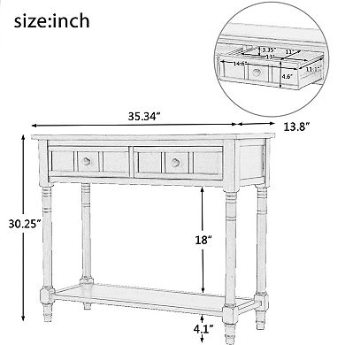Pnronnc Console Table with 2 Drawers and Bottom Shelf Solid Wood Entryway Table