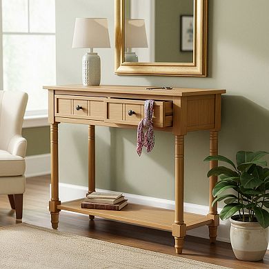 Pnronnc Console Table with 2 Drawers and Bottom Shelf Solid Wood Entryway Table