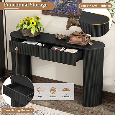 Pnronnc Modern Fluted Console Table with 2 Drawers Oval Storage Entryway Table