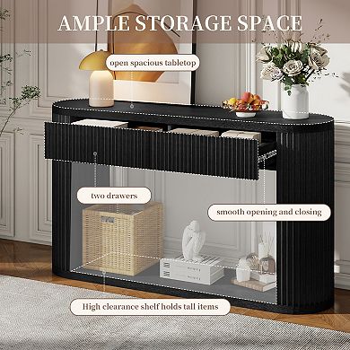 Pnronnc Oval Fluted Console Table with 2 Drawers and Bottom Shelf Wooden Entryway Table