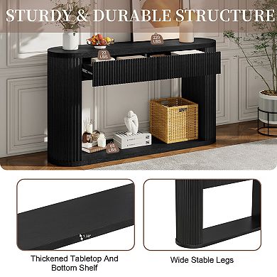 Pnronnc Oval Fluted Console Table with 2 Drawers and Bottom Shelf Wooden Entryway Table
