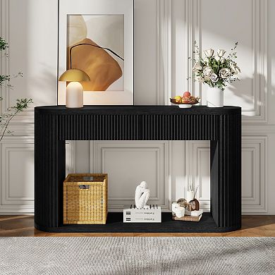 Pnronnc Oval Fluted Console Table with 2 Drawers and Bottom Shelf Wooden Entryway Table