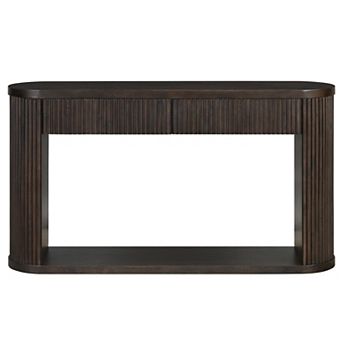 Pnronnc Oval Fluted Console Table with 2 Drawers and Bottom Shelf Wooden Entryway Table