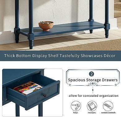 Pnronnc Console Table with 2 Drawers and Bottom Shelf Solid Wood Entryway Table