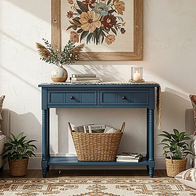 Pnronnc Console Table with 2 Drawers and Bottom Shelf Solid Wood Entryway Table