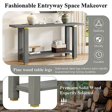 Pnronnc 62.9" Modern Console Table Solid Wood Entryway Table with Metal Accents and Storage Shelf