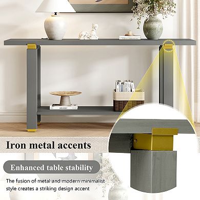 Pnronnc 62.9" Modern Console Table Solid Wood Entryway Table with Metal Accents and Storage Shelf