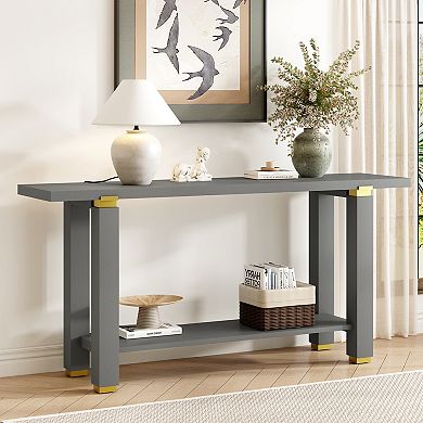 Pnronnc 62.9" Modern Console Table Solid Wood Entryway Table with Metal Accents and Storage Shelf