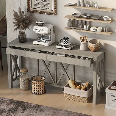 Pnronnc 60" Acacia Veneer Console Table with 4 Drawers X-Leg Entryway Table with Open Storage