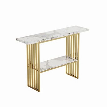 Pnronnc Modern Console Table with Metal Frame Faux Marble Entryway Table with Storage Shelf
