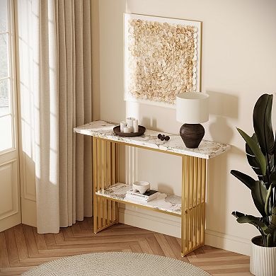 Pnronnc Modern Console Table with Metal Frame Faux Marble Entryway Table with Storage Shelf