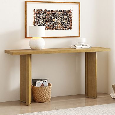 Pnronnc 63-Inch Console Table Pine Veneer Top Entryway Table with Geometric Legs