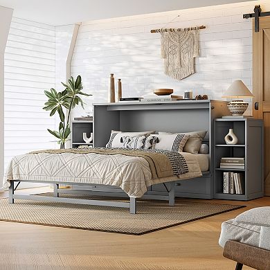 Pnronnc Queen Size Murphy Bed Frame Murphy Cabinet Bed with Drawers and Shelves Foldable Bed Frame