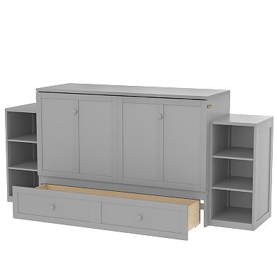Pnronnc Queen Size Murphy Bed Frame Murphy Cabinet Bed with Drawers and Shelves Foldable Bed Frame
