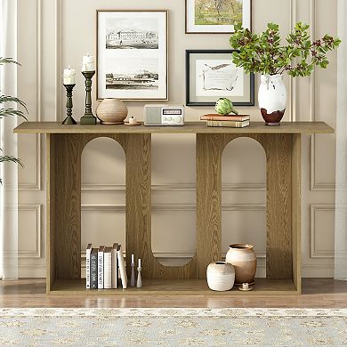 Pnronnc 60-Inch Entryway Table Modern Curved Console Table with Storage Shelf