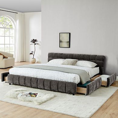 Pnronnc Upholstered King Platform Bed Frame with 4 Storage Drawers Grounded Bed Frame