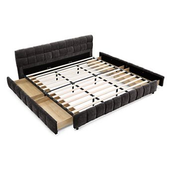 Pnronnc Upholstered King Platform Bed Frame with 4 Storage Drawers Grounded Bed Frame