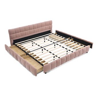 Pnronnc Upholstered King Platform Bed Frame with 4 Storage Drawers Grounded Bed Frame