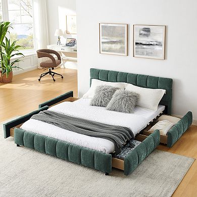 Pnronnc Queen Grounded Platform Bed Frame with 4 Drawers Soft Headboard Upholstered Low Profile Bed